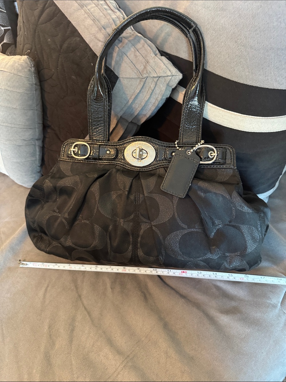 Coach Black with Black Patent Trim Signature Shoulder Bag Turnlock Accent